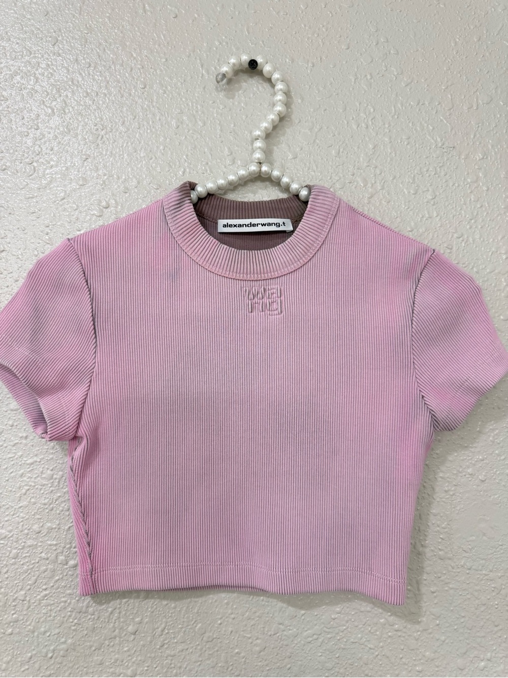 Alexander Wang T XS Pink Rib Knit Cropped Tee Short Sleeve Logo Top
